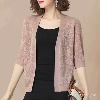 Áo cardigan nữ màu trơn tay ngắn/dài cổ V tay dài mỏng Áo cardigan dệt kim lụa lạnh rỗng rộng rãi