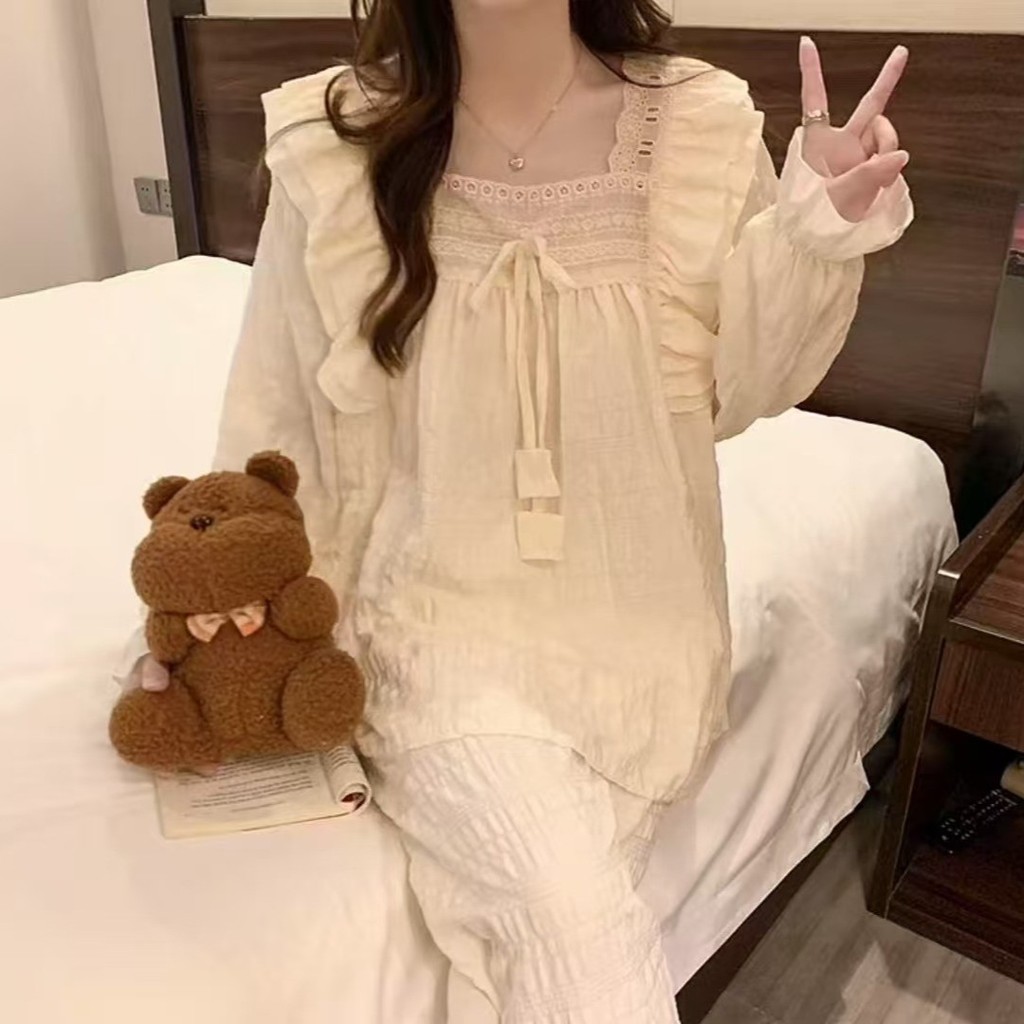 Bộ Đồ Ngủ Cotton Mây Nữ Xuân Thu Mới Quần Dài Tay Phù Hợp Với Sữa Công Chúa Phong Cách Quần Áo Nhà Bé Gái Mặc Ngoài