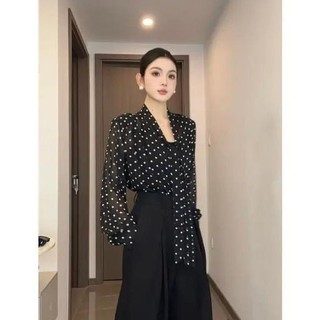 ✨Mùa Hè Retro Pháp Nơ Chấm Bi Voan Áo Sơ Mi Top Rời Lười Tính Khí Chống Nắng Áo Sơ Mi 25.5.29