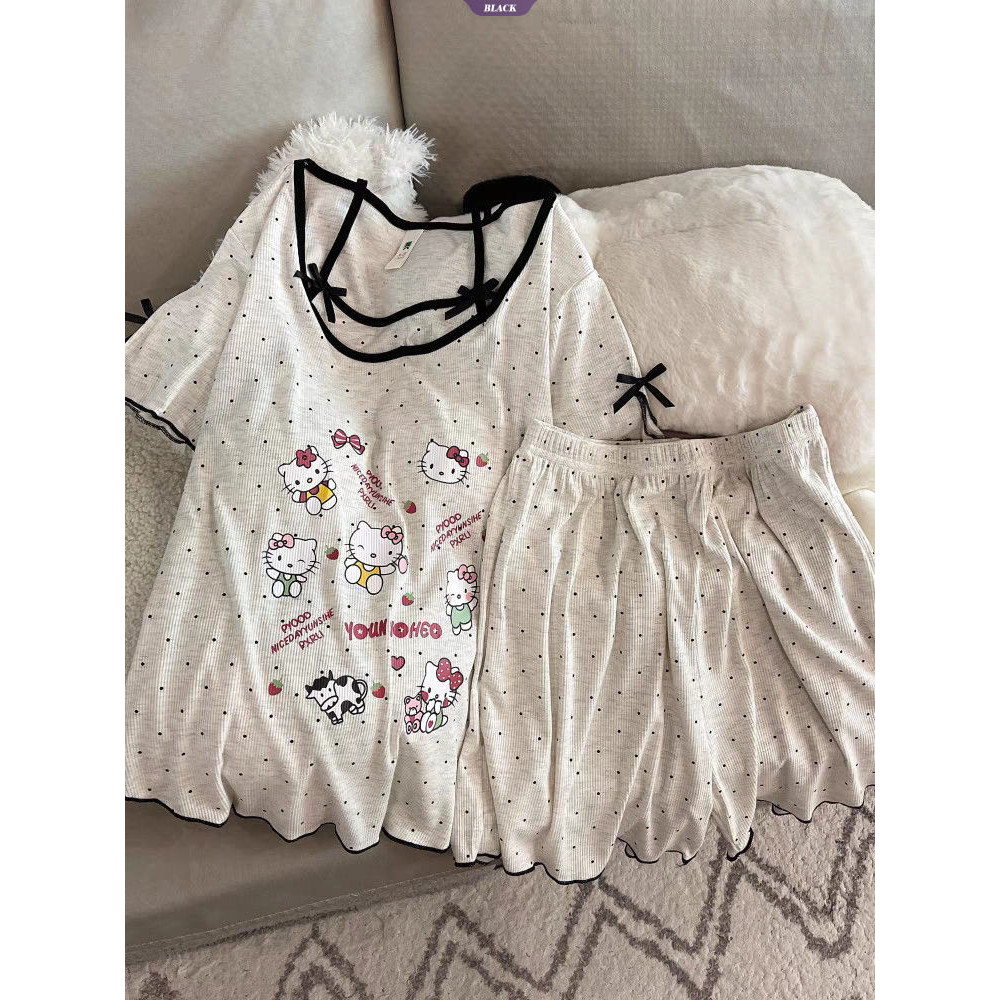 Quần Short ngắn tay mùa hè Bộ đồ ngủ nữ có miếng đệm ngực 2025 Bộ đồ mặc nhà HelloKitty mới [BL]