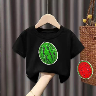 2025 Hổ Và Dưa Hấu Lật Sequin Áo Thun Cho Trẻ Em Bé Trai Bé Gái Hoạt Hình Mùa Hè Graphic Tee