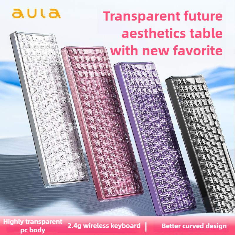 AULA AK208 High Transparency Wireless Keyboard Non Mechanical Keyboard with 99 Keys Transparent Mechanical Feel, Charging Female Office High Aesthetics