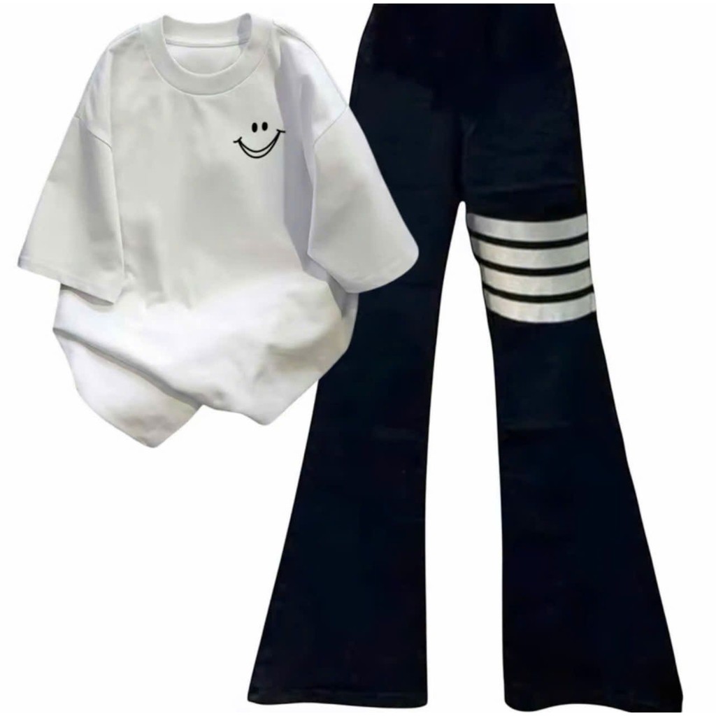 [ Rẻ Vô Địch ] Sét quần ống loe chất umi + mix áo phông form rộng unisex trái tim be