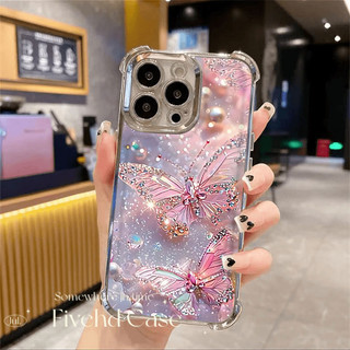 Vỏ mạ sang trọng hình bướm pha lê màu hồng Ins Hàn Quốc cho IPhone 16 11 12 13 14 15 16E Pro Xs Max X Xr 7 8 Plus SE Vỏ điện thoại TPU mềm Vỏ bảo vệ chống rơi Vỏ chống sốc