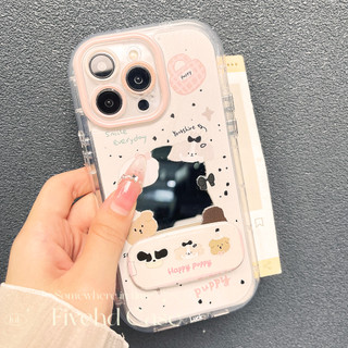 Ins Korea Cute Puppy Cartoon Make Up Mirror Vỏ nâng cao + Giá đỡ cho iPhone 11 16 15 14 13 12 Pro Xs Max XR X 6s 7 8 6 Plus SE Vỏ điện thoại TPU mềm Vỏ bảo vệ