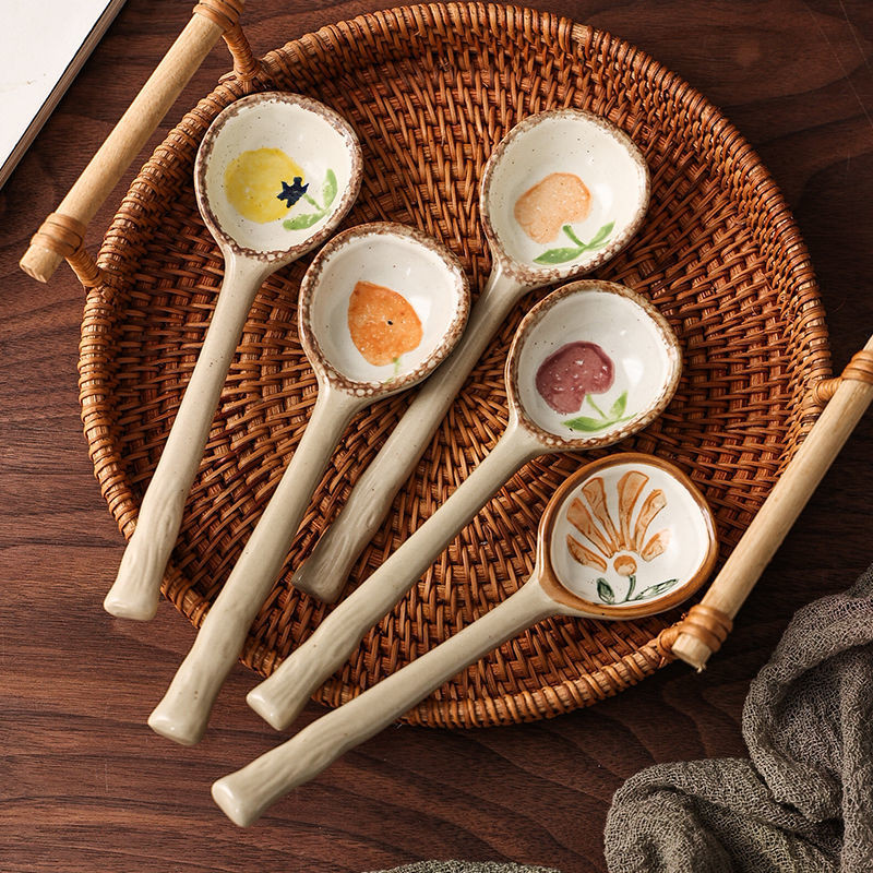 Thìa gốm nhỏ kiểu Nhật Bản dùng trong nhà, dễ thương và chất lượng cao, thìa sứ xanh trắng mộc mạc dùng để ăn và uống súp, phong cách Ins cho các cô gái 6.15 M9ZY
