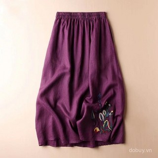 2022 Mùa hè mới, váy midi ống loe thêu màu đồng nhất bằng cotton lanh vintage cho phụ nữ