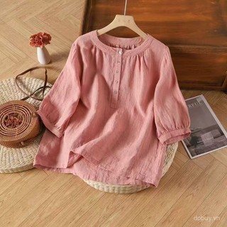 Áo sơ mi cotton lanh vintage cỡ lớn cho phụ nữ, tay áo 5/4, chất liệu cotton nguyên chất, kiểu dáng rộng rãi, áo blouse thường ngày