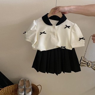 Mùa Hè Phong Cách Mới Bé Gái Ngọt Ngào Xếp Ly Váy Phù Hợp Với Ba Chiều Nơ Áo Thun Tay Ngắn Váy Bé