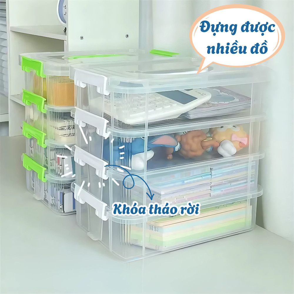 Combo 4 Hộp Nhựa Trong Suốt Có Nắp Đậy HPS Để Đồ Chơi, Đựng Đồ Dùng Cá Nhân Kèm Quai Xách Tiện Lợi