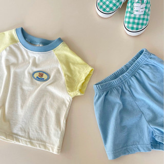 Bộ quần short ngắn tay cotton mùa hè cho bé trai và bé gái, áo phông màu sắc, quần thể thao phong cách Hàn Quốc cho trẻ em, bộ hai món
