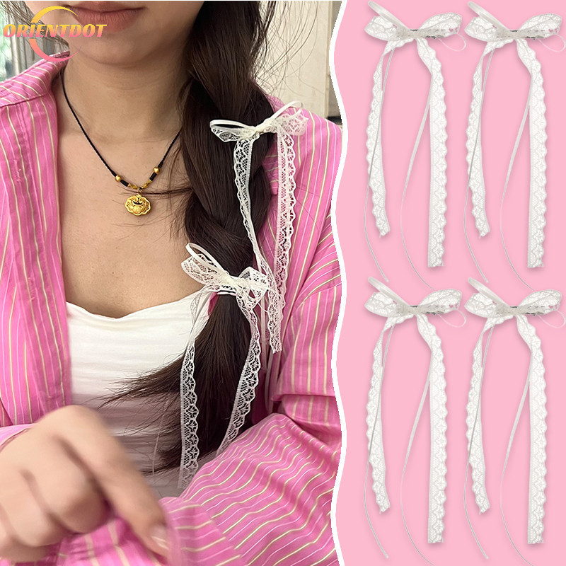 1 / 2 Cặp Đa Năng Ngọt Ngào Thời Trang Ren Kem Nơ Trắng Ruy Băng Kẹp Tóc - Tươi Dễ Thương Phong Cách Ba Lê Ruy Băng Dài Mỏ Vịt Barrettes