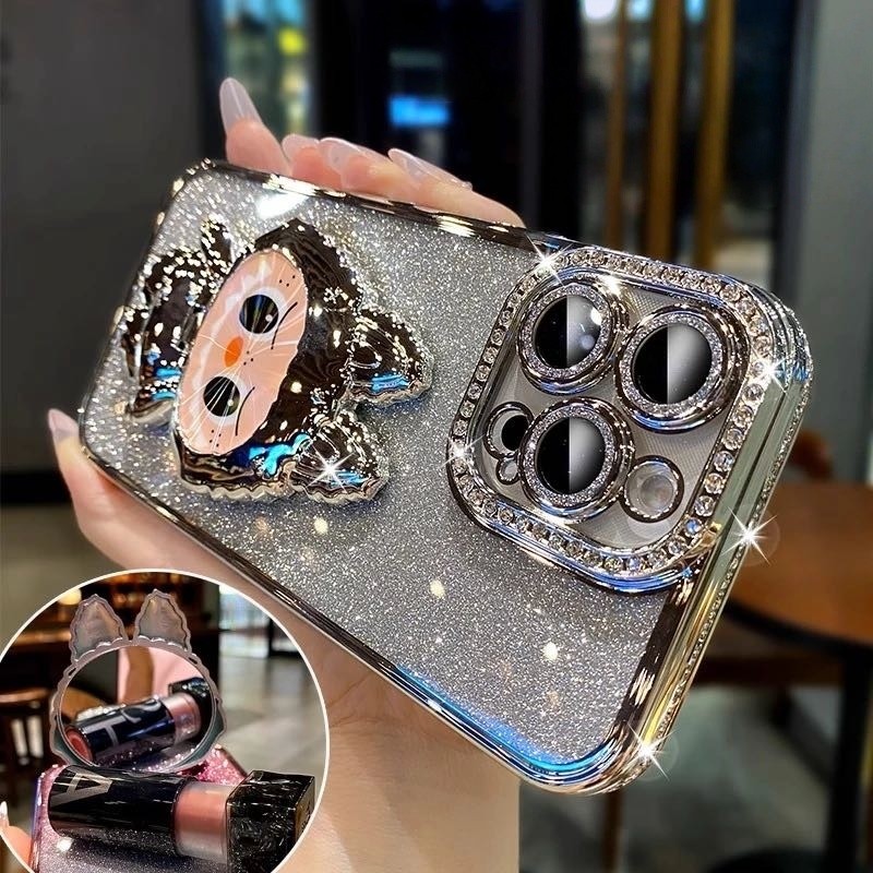 Ốp điện thoại giá đỡ gương mạ điện cho iPhone 16 11 12 13 14 15 Pro Max 16 15 plus Bảo vệ Camera ống kính Vỏ chống sốc Vỏ mềm TPU vỏ bảo vệ điện thoại