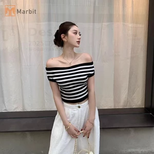 Marbit Thời Trang Một Vai Hàn Quốc Rời Sọc Dệt Kim Áo Thun Nữ Mới