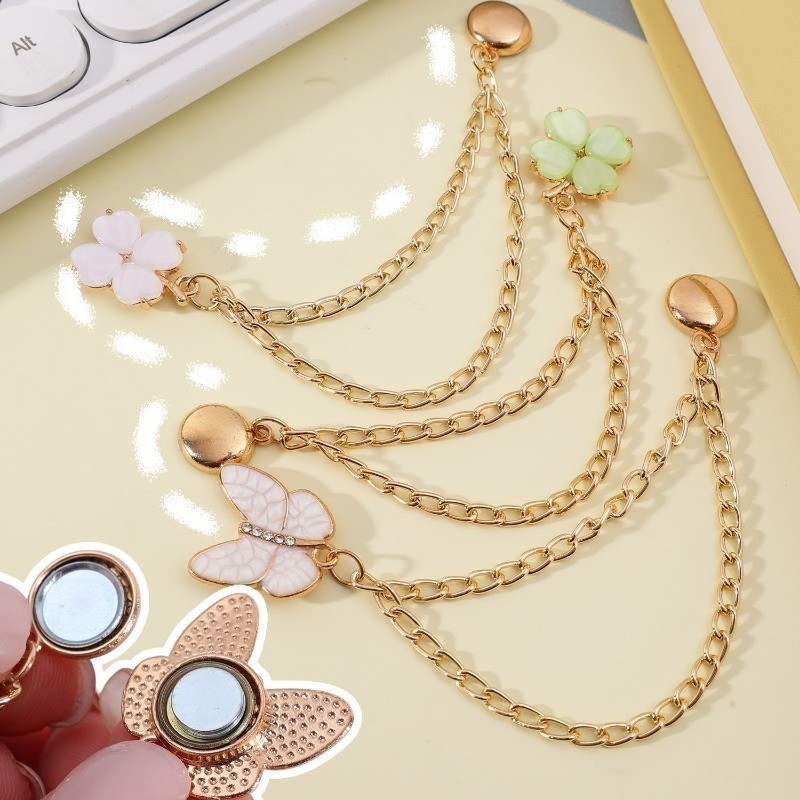 Nút Nam Châm Dây Xích Liền Mạch - Kẹp Chân Quần Hình Bướm - Dành Cho Áo Cardigan Quần Jean, Áo Thun - Chân Chống Lỗ Cỏ Ba Lá Bốn Lá - Khóa Dây Xích Chân Có Thể Điều Chỉnh