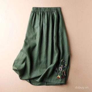 2022 Mùa hè mới, váy midi ống loe thêu màu đồng nhất bằng cotton lanh vintage cho phụ nữ