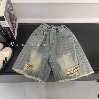 Mùa hè Phong cách mới Bộ đồ bé trai Trẻ em Phiên bản Hàn Quốc Quần short rách Denim + Áo Vest không tay in họa tiết da báo Bộ đồ hai mảnh
