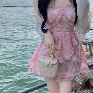 Váy thanh lịch, đầm cổ tích nhỏ nhắn, đầm dây hoa che bụng cho phụ nữ, đầm ngắn giảm eo mùa hè