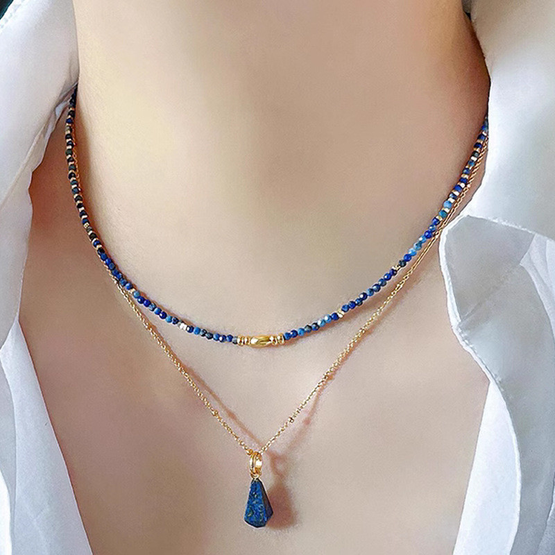 Tự nhiên lapis lazuli đường khối vỡ bạc đính cườm ngọc lam Quà tặng Trung Quốc vòng cổ