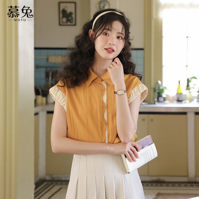 Mutu Pháp Retro Phong Cách Hồng Kông Màu Sắc Tương Phản Áo Sơ Mi Tay Ngắn Nữ Mùa Hè 2026 Phong Cách Mới Thiết Kế Niche Loose Top