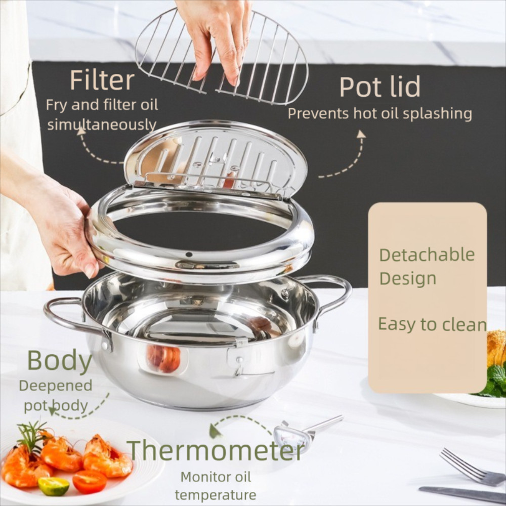 Nồi chiên sâu JiKK, có nắp nhiệt kế Tempura Fryer Pan, Thép không gỉ dày tiết kiệm dầu Nhật Bản Chảo chiên sâu Nhà bếp