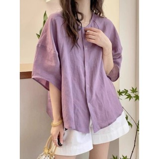 Kích Thước Lớn Rời Thường Ngày Đơn Giản Hàng Ngày Áo Sơ Mi Tay Ngắn Màu Trơn Phù Hợp Với Người Đi Làm Phong Cách Thời Trang Mỏng Hơn Nhìn Cổ Tròn Top
