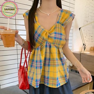 SAFENH Mùa Hè Nữ Retro Kẻ Sọc Hoa Cổ Vuông Không Tay Dễ Thương Thường Ngày Tank Top VN