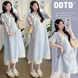 Trang phục bà bầu mùa hè Ren khâu nơ giả hai mảnh