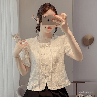Áo sơ mi nữ phong cách Trung Quốc mới mùa hè tay phồng thêu ren nút Mandarin độc đáo