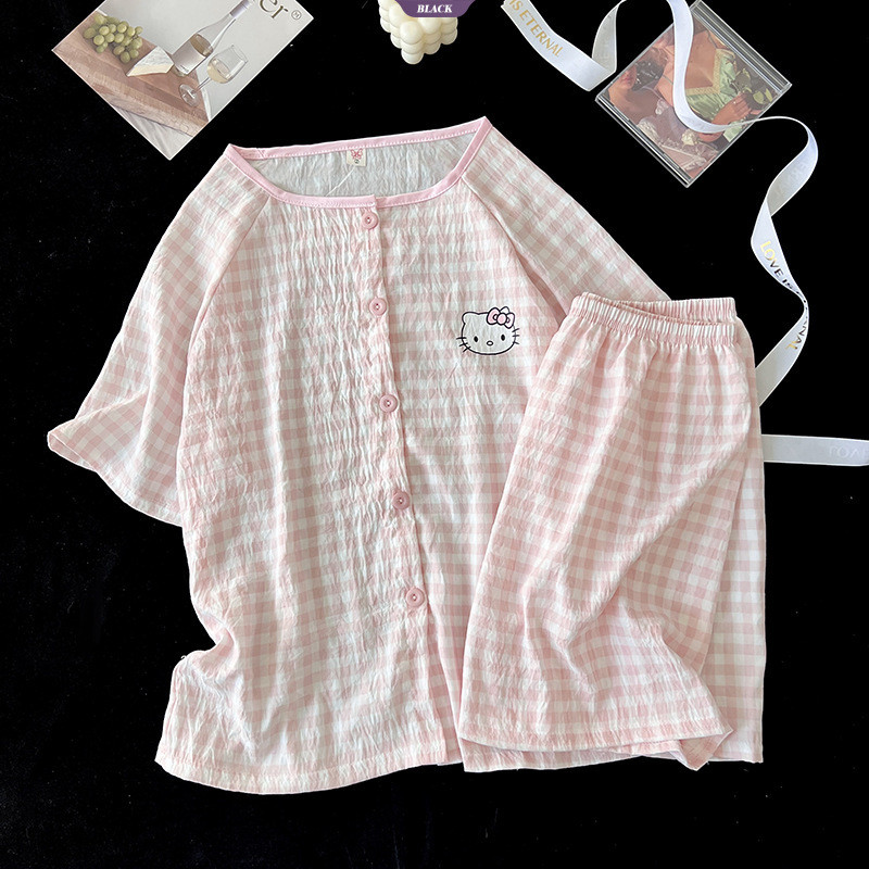 Hoạt Hình HelloKitty Bộ Đồ Ngủ Nữ Mùa Hè Cardigan Dễ Thương Học Sinh Quần Short Tay Ngắn Bộ Đồ Gia Đình [BL]