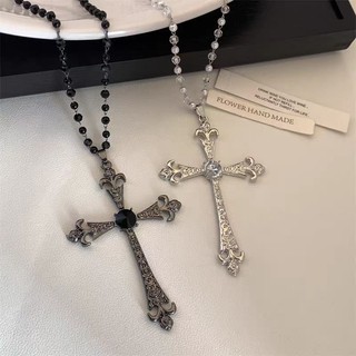 Vòng cổ chữ thập đen trắng phong cách gothic mặt kim cương sáng bóng phù hợp nữ hip hop y2k vòng cổ dài sang trọng niche phụ kiện cao cấp
