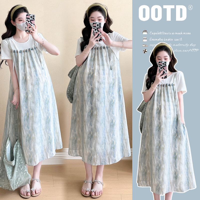 Trang phục bà bầu mùa hè phiên bản Hàn Quốc tie-dye khâu hai mảnh giả