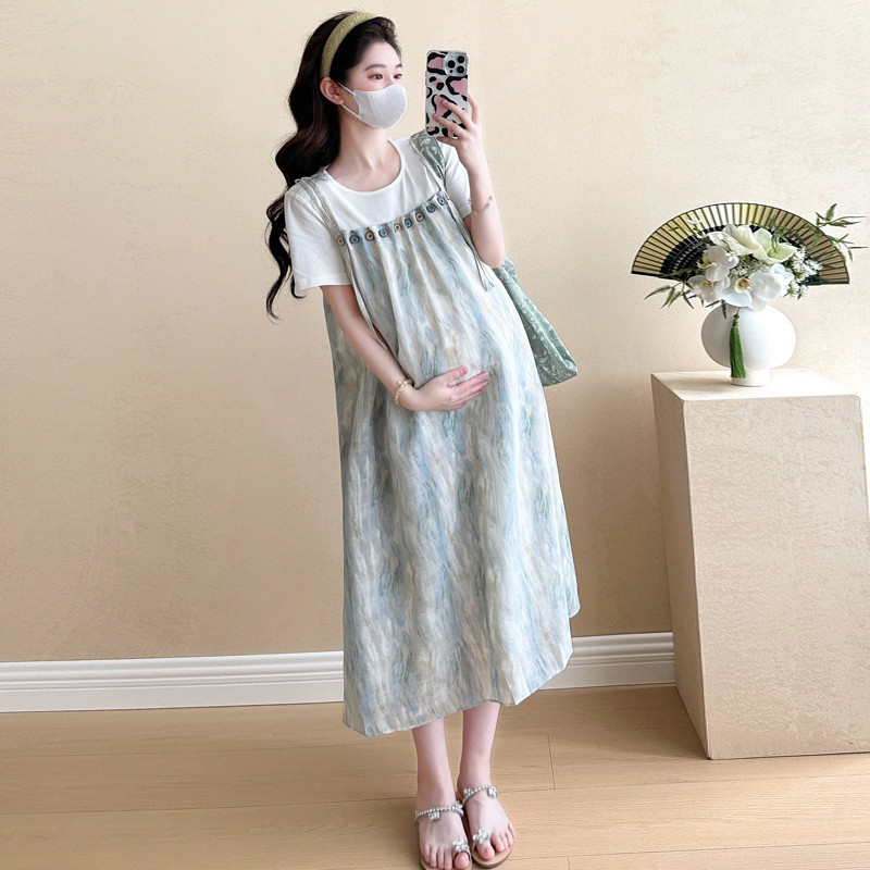 Trang phục bà bầu mùa hè phiên bản Hàn Quốc tie-dye khâu hai mảnh giả