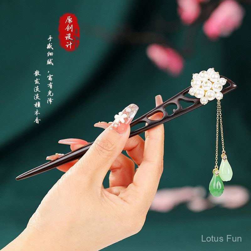 Kẹp tóc gỗ Đàn hương đen phong cách Trung Quốc mới, hoa Yalan giọt nước tua rua Hán phục, phụ kiện sườn xám, phụ kiện tóc đơn giản