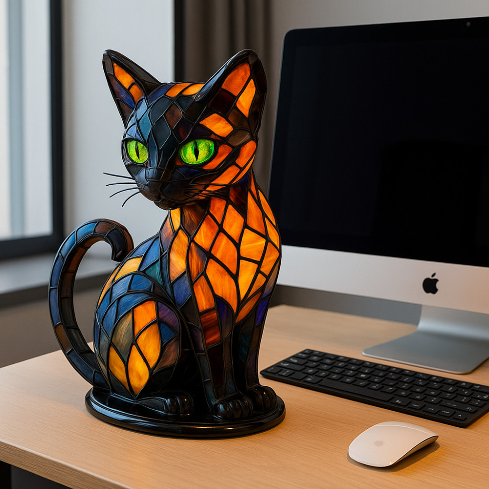 YOFFOR Phong cách máy tính để bàn, Kính màu Retro Time Cat Light, Hot Pet LED Cat Dyeing Resin Dễ thương Dạ quang Phòng ngủ gia đình