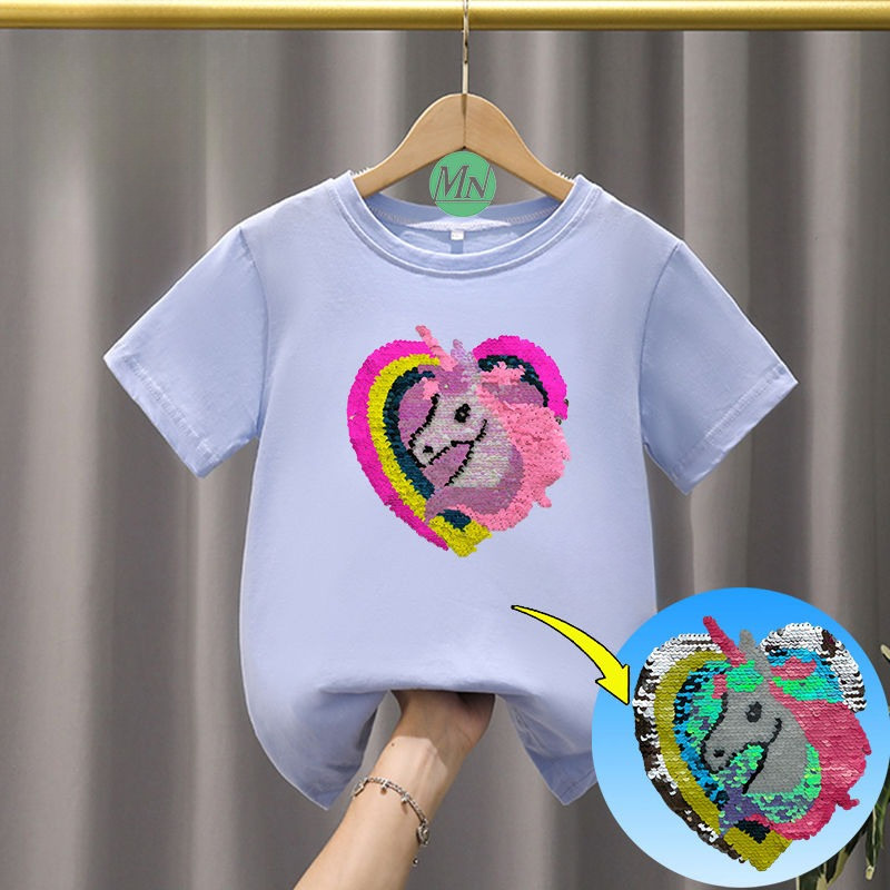 2025 Kỳ Lân Trái Tim Lật Sequin Áo Thun Cho Trẻ Em Bé Trai Bé Gái Hoạt Hình Mùa Hè Giả Tưởng Tee Top