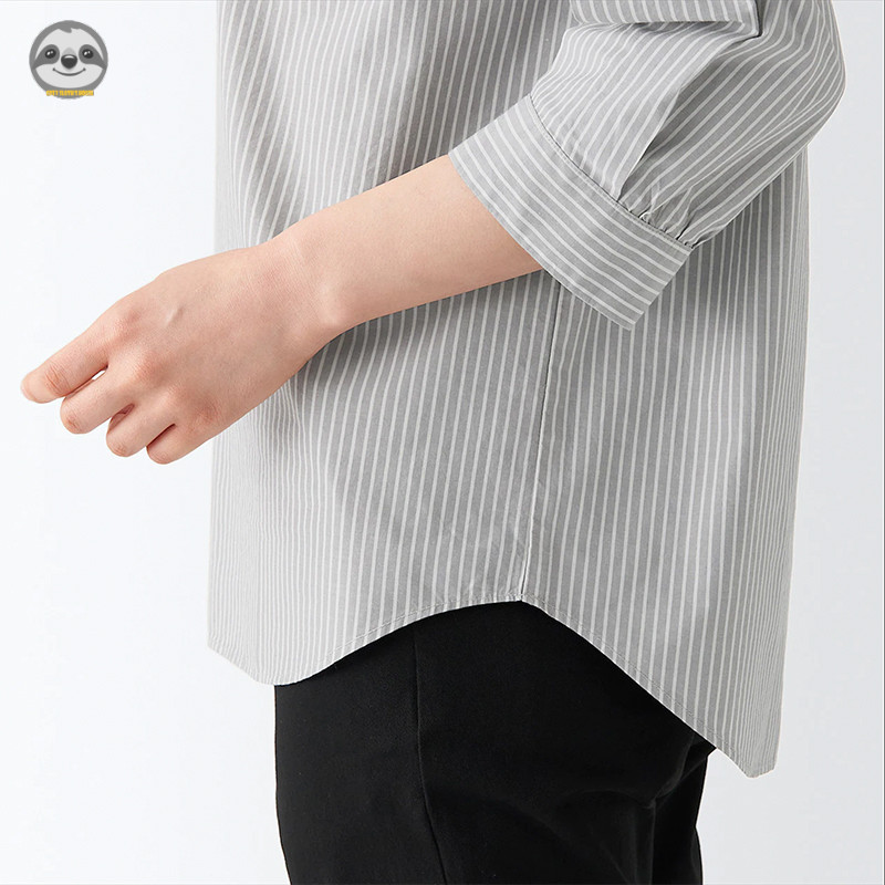 Phong cách Nhật Bản Muji Style / Áo kiểu cổ tròn nửa tay Cotton nữ / Áo sơ mi dáng rộng bằng lụa Cotton