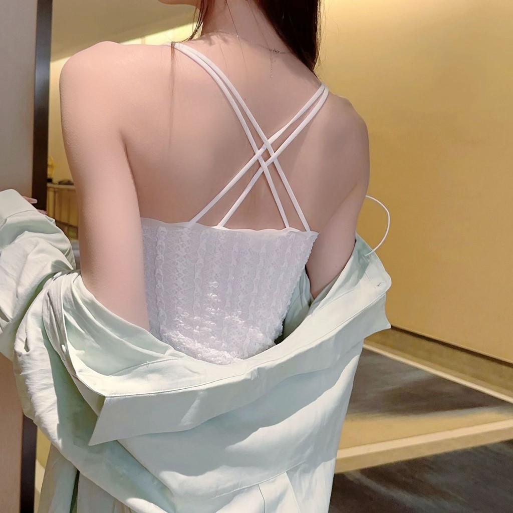 Deep V Cross Mặt sau đẹp liền mạch Áo yếm cảm giác khỏa thân có đệm ngực Quần lót bên ngoài