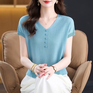 Tay Ngắn Cổ Tròn Mùa Hè 2025 Phong Cách Phương Tây Bao Bụng Cổ Chữ V Áo Thun Rời Đan Top Nữ Mẹ Mặc