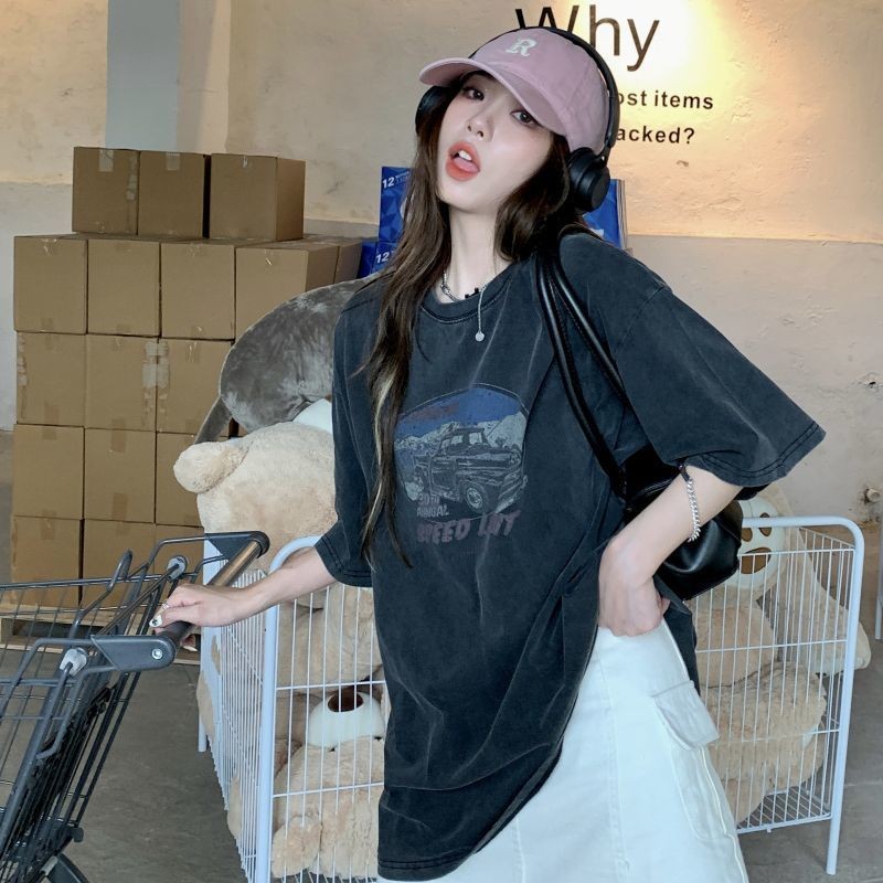 Áo thun cotton cỡ lớn phong cách Mỹ vintage, dáng rộng, màu đen, tay ngắn thời thượng