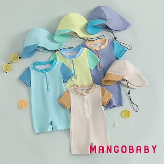 MG-Baby Boy Rash Guard Đồ bơi Bộ đồ tắm dài tay có khóa kéo màu tương phản dễ thương có mũ