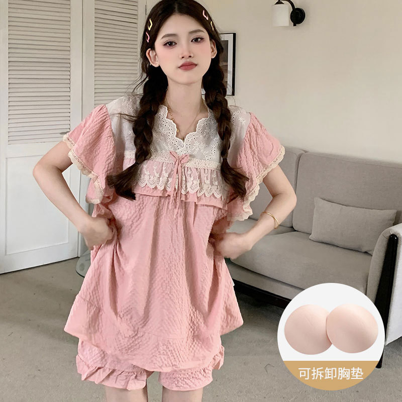 [Ảnh thật] Bộ đồ ngủ nữ có đệm ngực Mùa hè 2024 mới bong bóng cotton ngọt ngào dễ thương tay ngắn mặc ở nhà