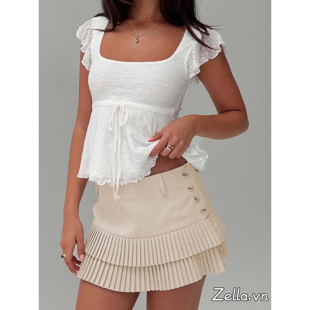 Áo thun crop top mỏng mùa hè dành cho nữ Áo thun cotton cổ vuông có dây buộc nơ phía trước
