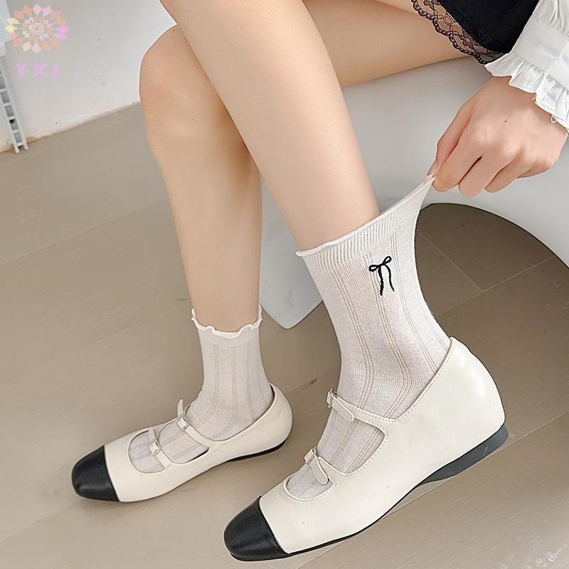 Y.X.I 1 Cặp Thời Trang Thu Đông Len Tất Nơ Dày Giữa Ống Tất Dành Cho Nữ Bé Gái Màu Trơn Giữa Ống Tất Mới