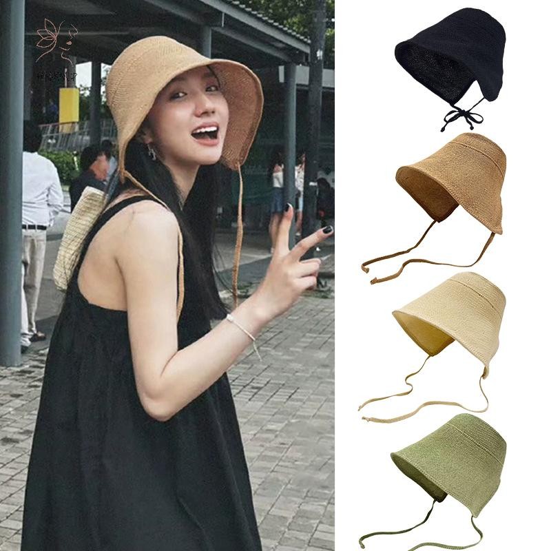 HNKMP Linen Straw Regency Bonnets Mũ dành cho nữ Mũ chống nắng Nơ Bãi biển Vành rộng lớn Áo choàng Mũ Chapeau Femme Ren ngoài trời Mùa hè.