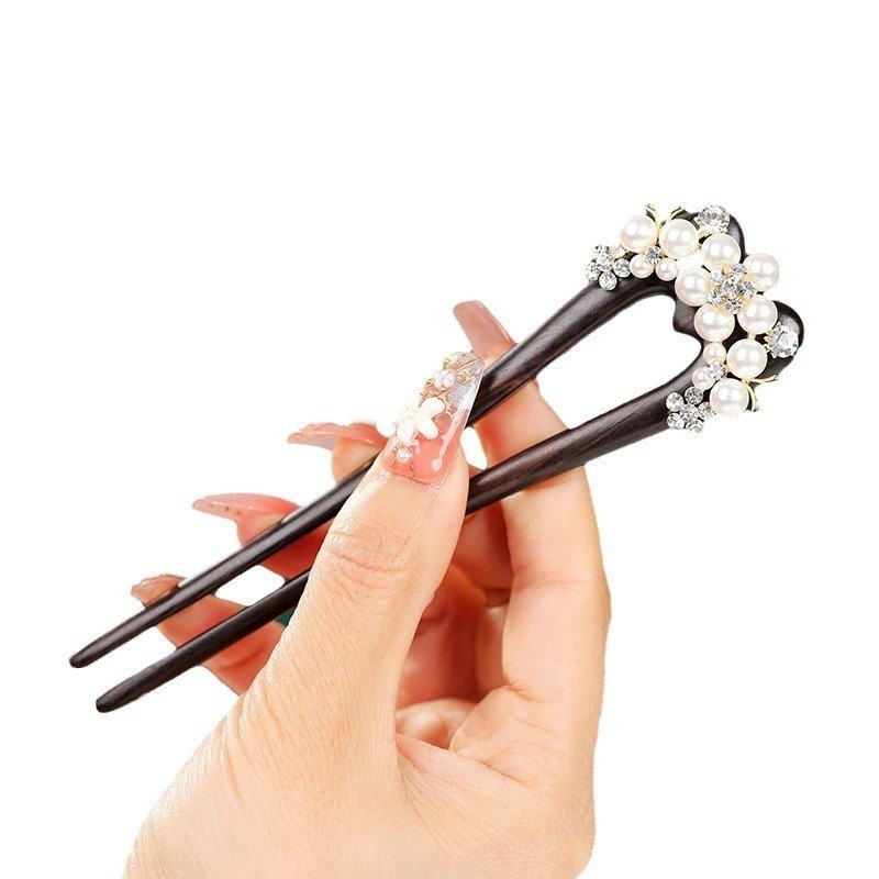 Kẹp tóc đôi hình chữ U bằng gỗ mun đen Liu Li Yue, phong cách cổ điển, phụ kiện tóc đơn giản hàng ngày, phụ kiện Hanfu Cheongsam
