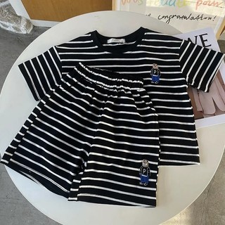 Bộ đồ cotton mùa hè cho trẻ em, áo thun ngắn tay thêu sọc và quần short hai mảnh cho bé trai và bé gái