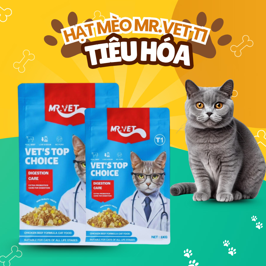 Gói Hạt 1kg Mr.Vet T1 cho Mèo ở Mọi Lứa Tuổi - Có Topping Thịt Sấy, Không Độn Đạm Giả