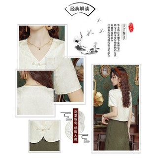 Áo sơ mi nữ mùa hè 2025 phong cách Trung Quốc mới, chất liệu cotton nhẹ, cổ V, nút Mandarin, tay ngắn, áo blouse văn phòng thoải mái