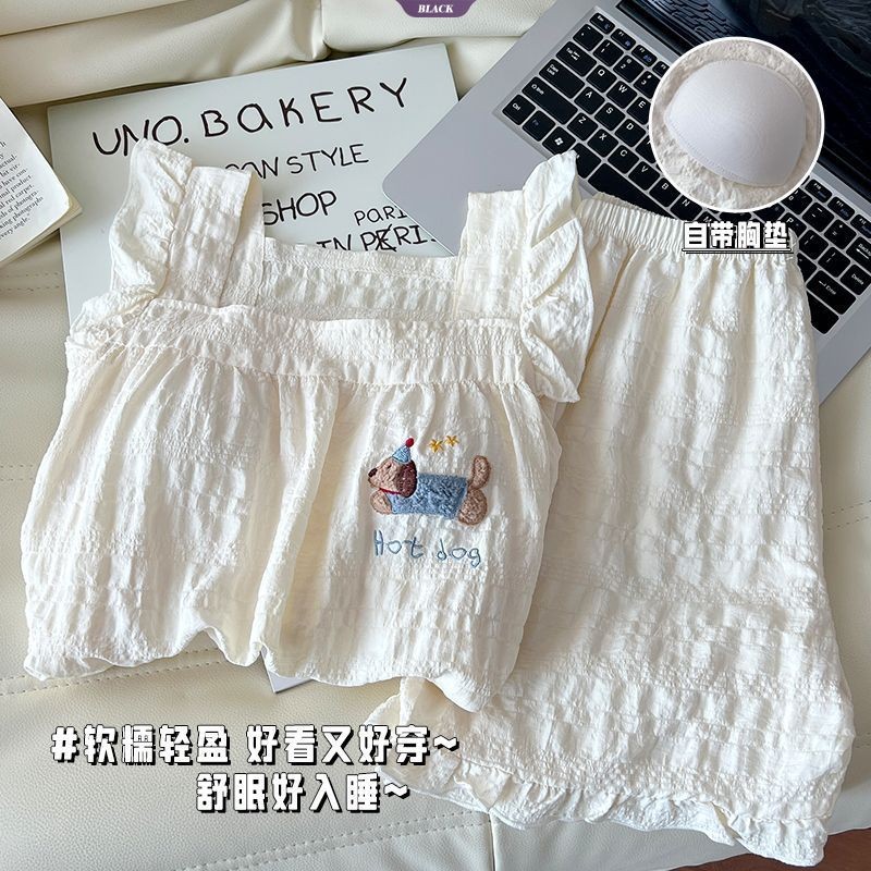 Có Đệm Ngực Dachshund Bộ Đồ Ngủ Nữ Mùa Hè Suspender Quần Short Two-Piece Cute Anime Homewear [BL]